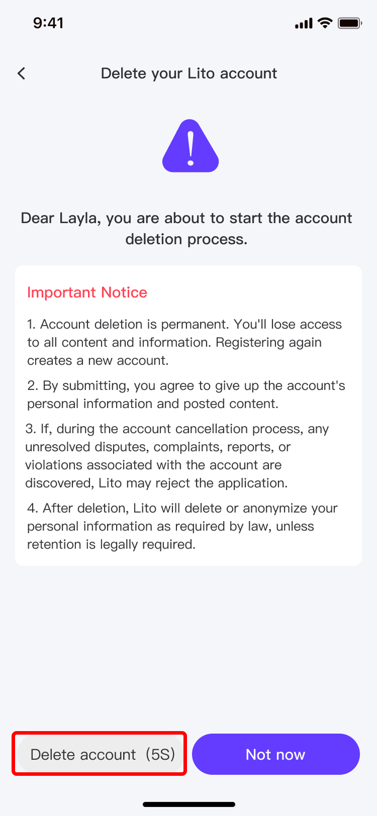 Step 4: Complete the first account deletion confirmation.